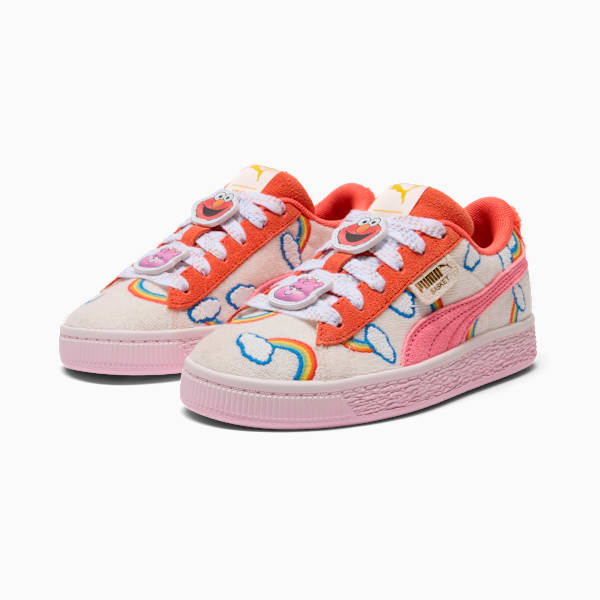 PUMA x CARE BEARS x SESAME STREET Basket Little Kids' "Elmo Cheer" Sneakers, Frosted Ivory-Red Glamour-Pearl Pink, extralarge